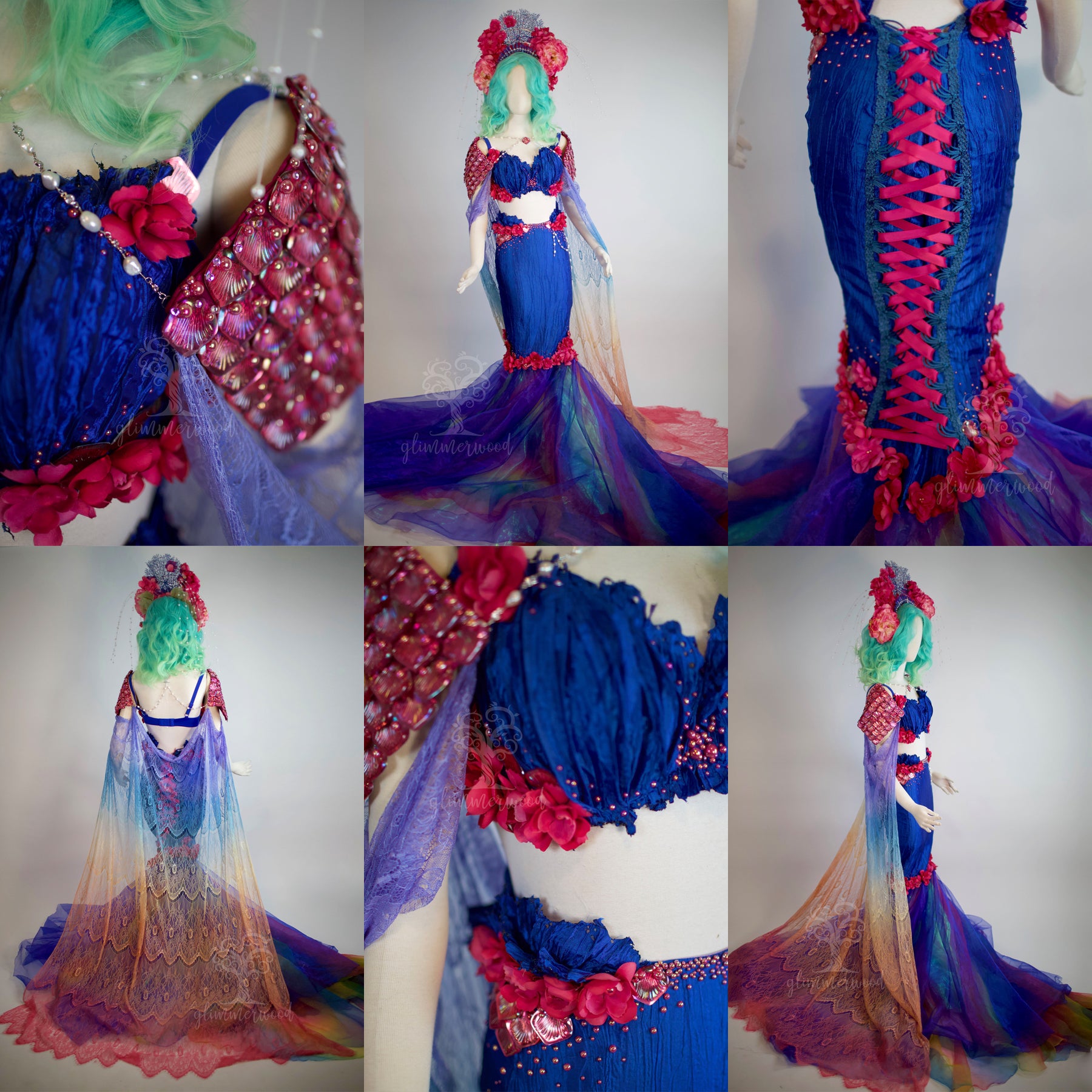 Glimmerwood Sapphire Rainbow Mermaid Gown Blue and Fuchsia using Finfolk Mythic Scales