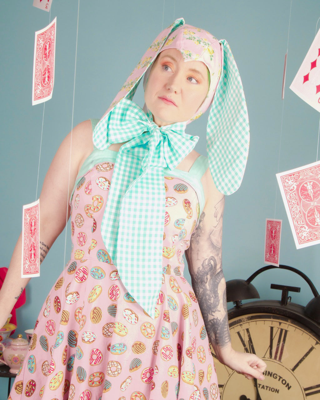 Mint Gingham &amp; Floral Bunny Bonnet