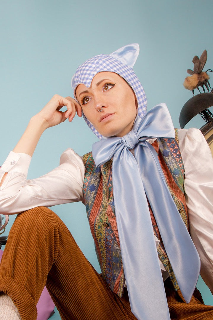 Blue Gingham Cat Bonnet