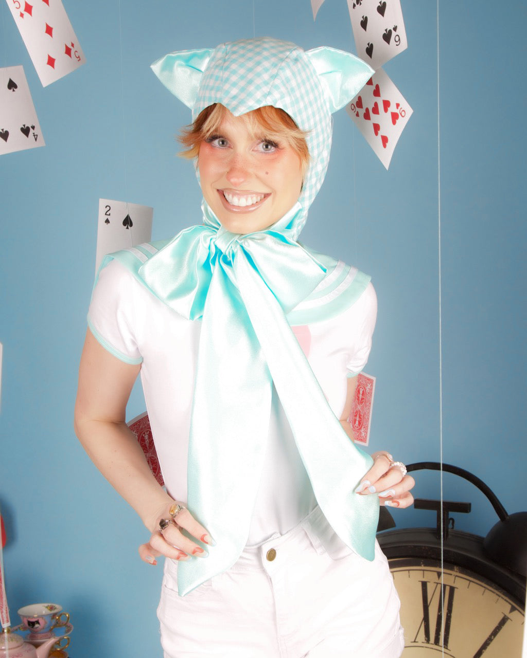 Mint Gingham Cat Bonnet