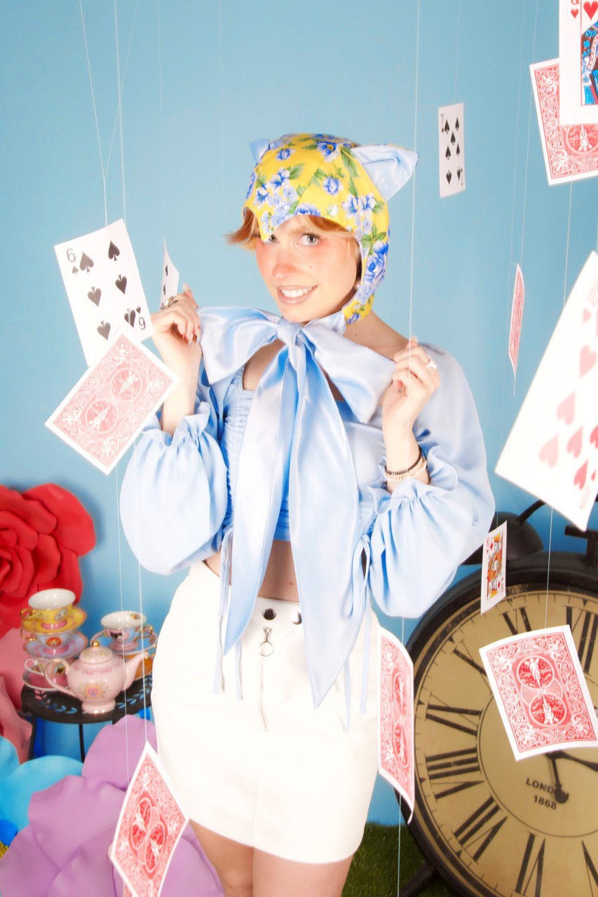 Blue Gingham &amp; Floral Cat Bonnet