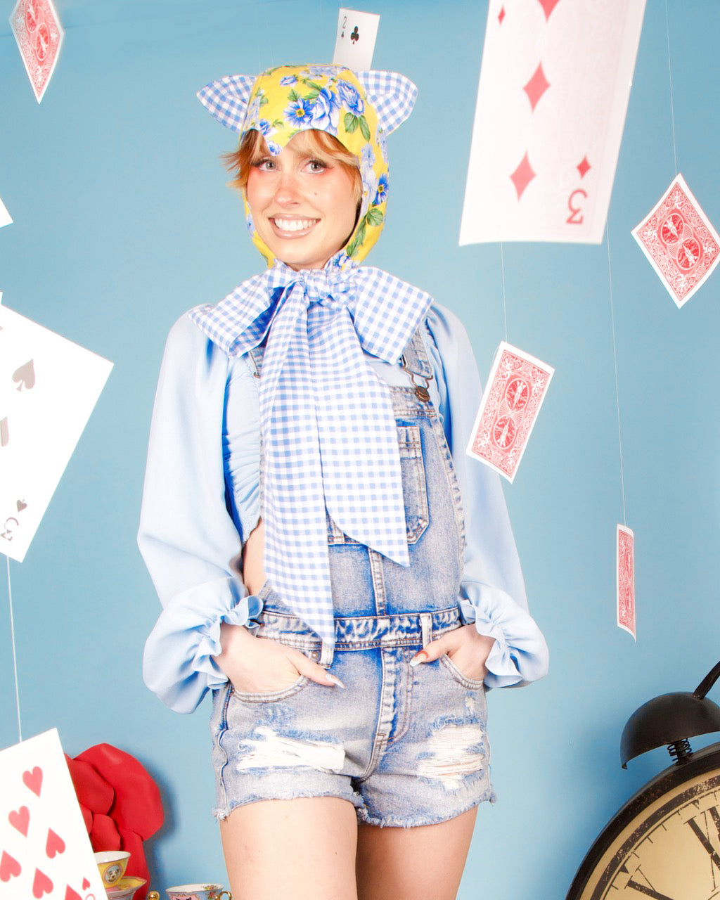 Blue Gingham &amp; Floral Cat Bonnet