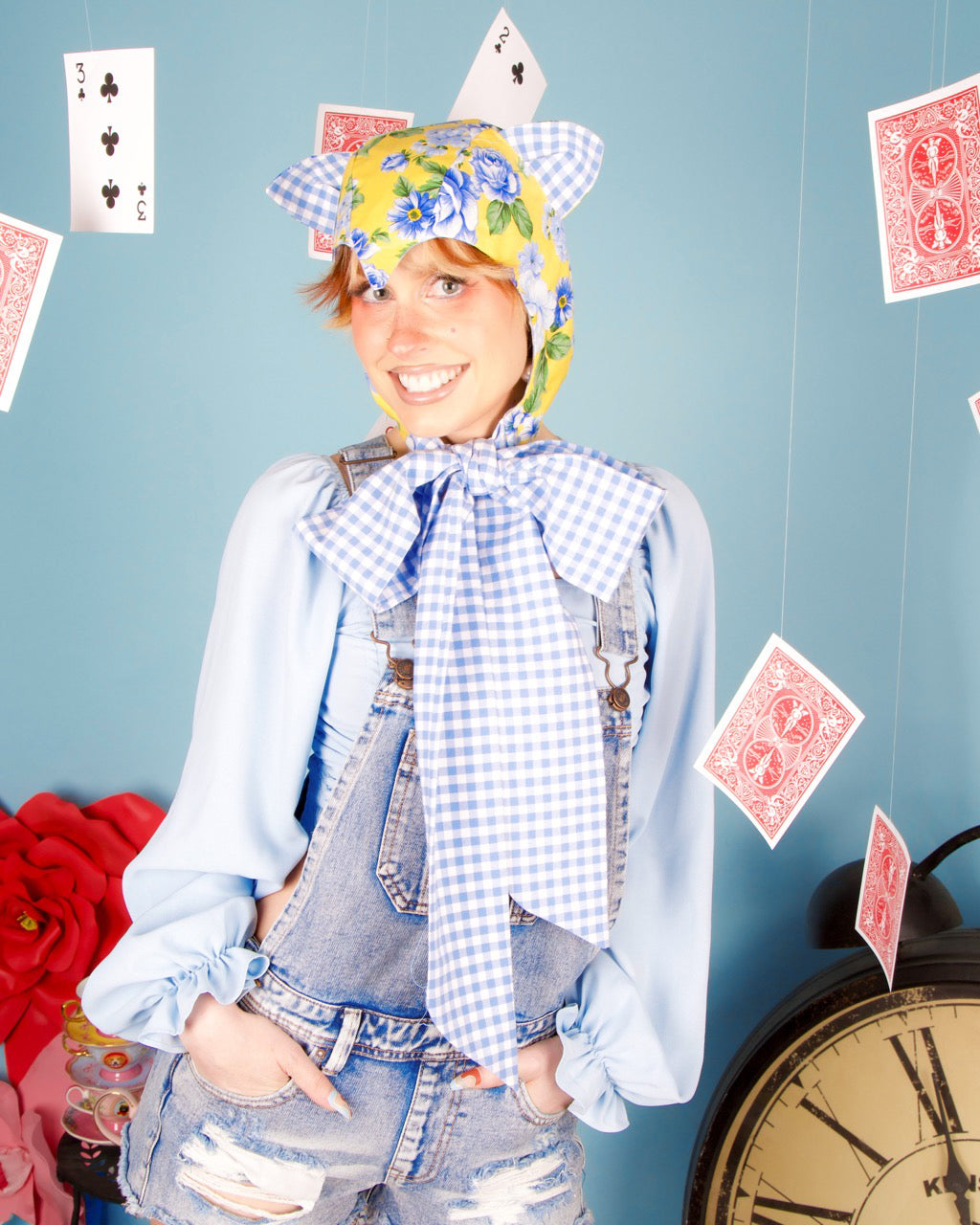 Blue Gingham &amp; Floral Cat Bonnet