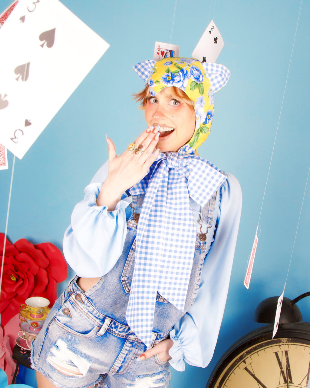 Blue Gingham &amp; Floral Cat Bonnet