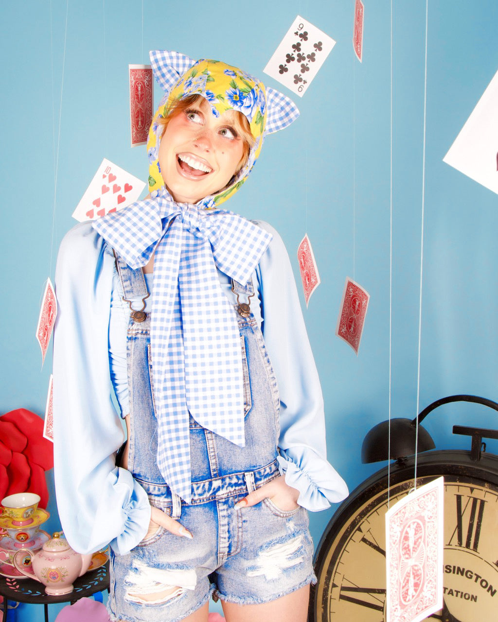 Blue Gingham &amp; Floral Cat Bonnet
