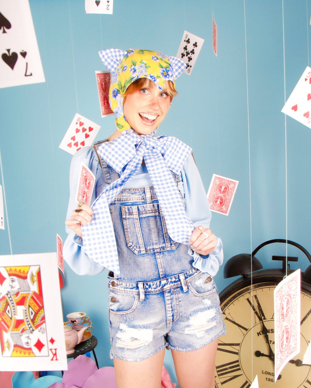 Blue Gingham &amp; Floral Cat Bonnet