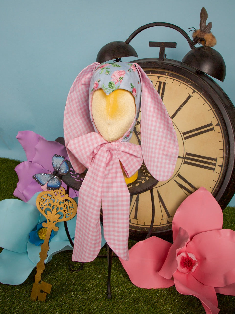 Pink Gingham &amp; Floral Bunny Bonnet (V2)