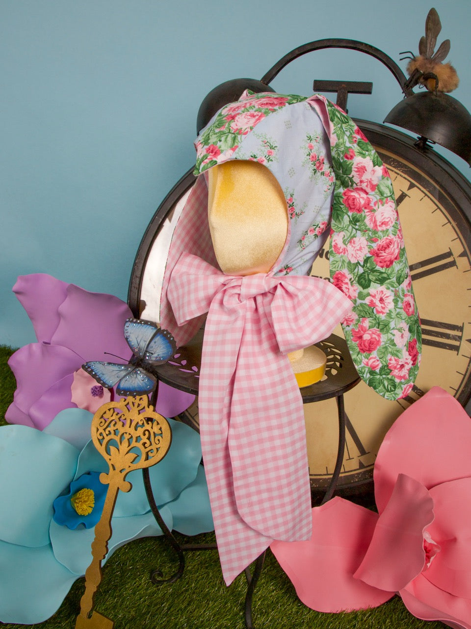 Pink Gingham &amp; Floral Bunny Bonnet (V1)